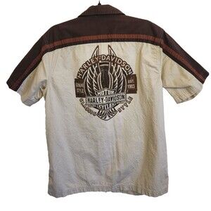 Harley Davidson Mens Medium Motorcycle Mechanic Shirt Brown Tan Button Down